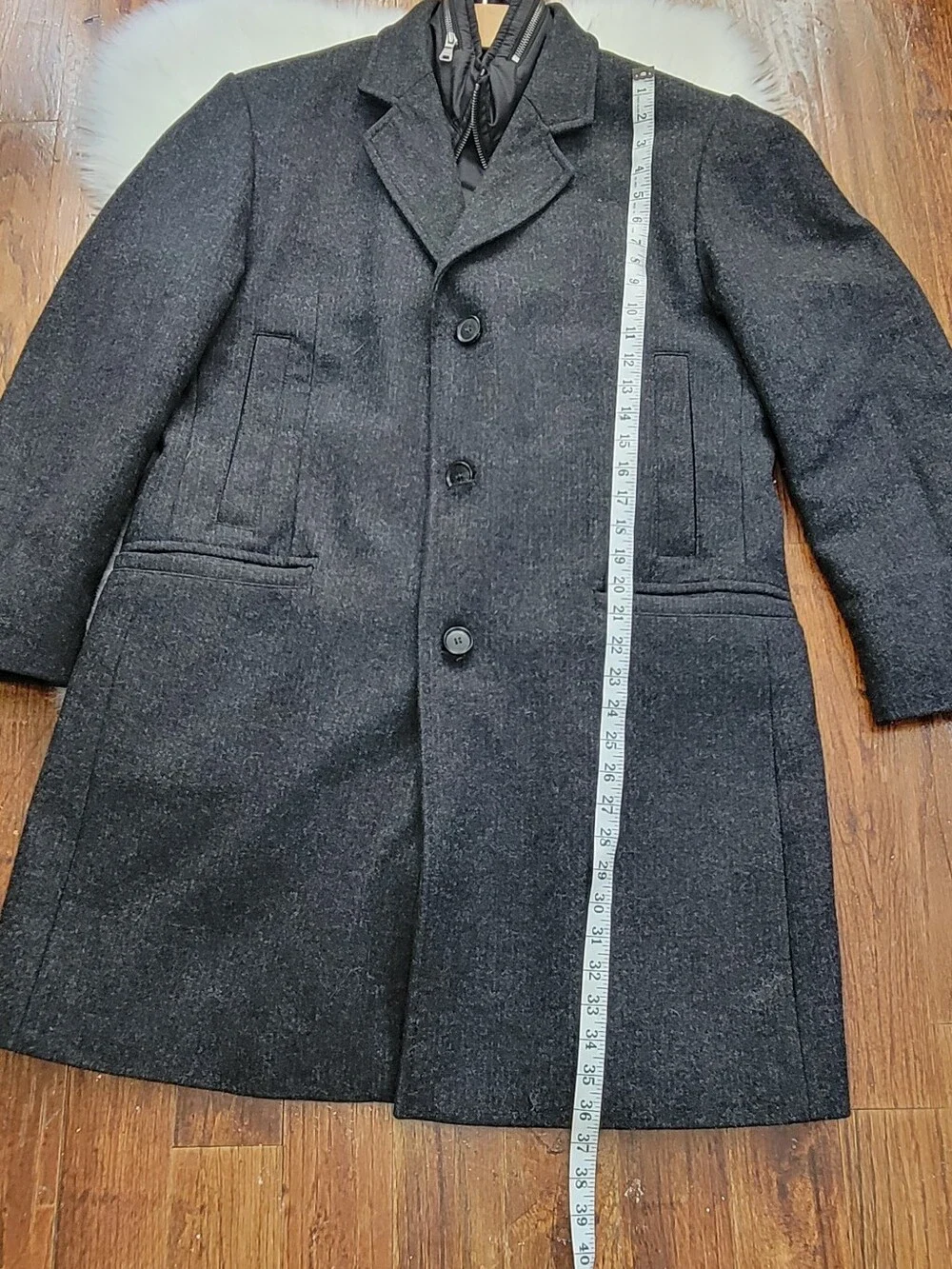 Hugo Boos Mens Dark Gray Wool Blend Overcoat with Zip-Front Liner